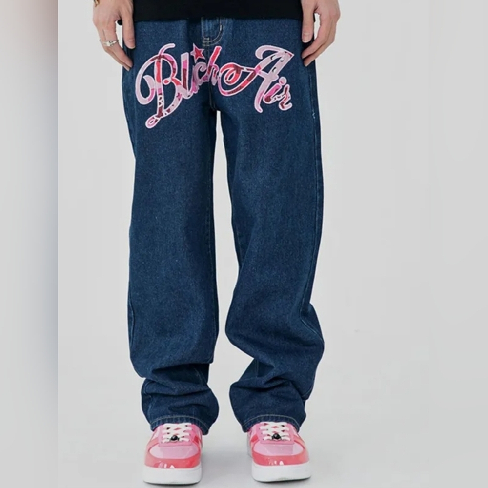 Made Extreme Embroidered Hip Hop Baggy Mens Black Air Denim Straight Jeans Med